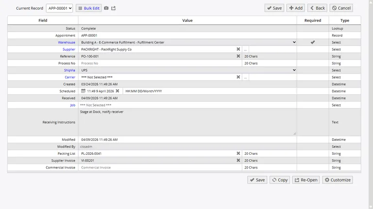 Inventory Pro repair order and appointment editing screen with line items, status tracking, and service details