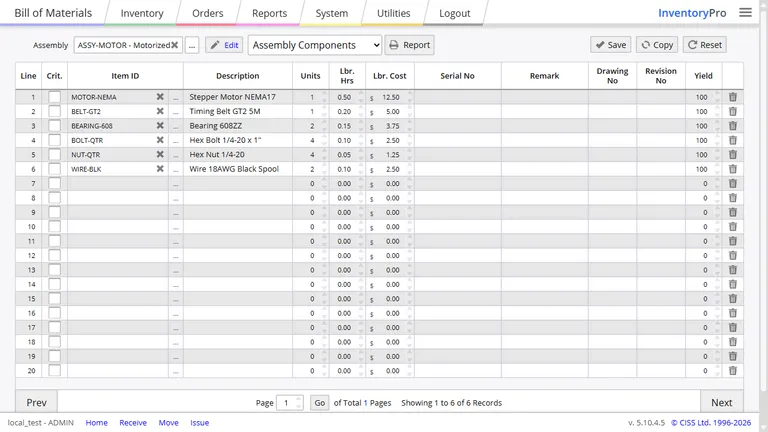 Bill of Materials editor showing component lines, quantities, and yield factors