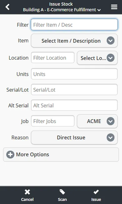 Mobile issue stock form with item selection, quantity, destination, and cost center fields