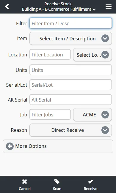Mobile receive stock form with item, quantity, location, and purchase order fields