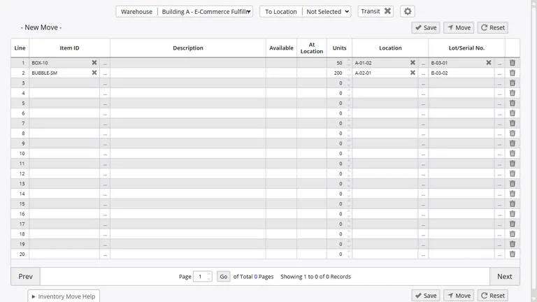 Inter-warehouse transfer tracking screen showing dispatch, in-transit, and received status