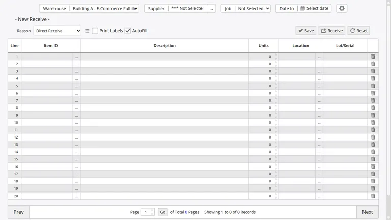 Purchase order receiving grid with line-item quantities, partial receipt tracking, and status indicators