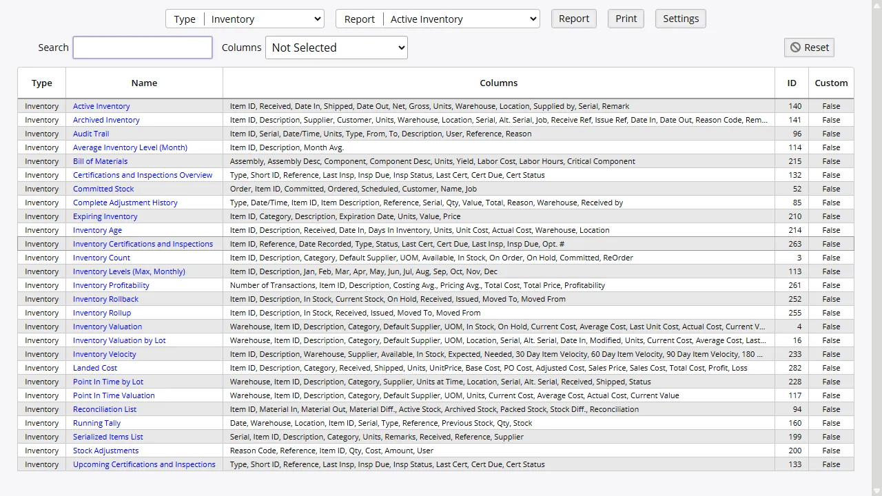 Report library with categories, search, and filtering