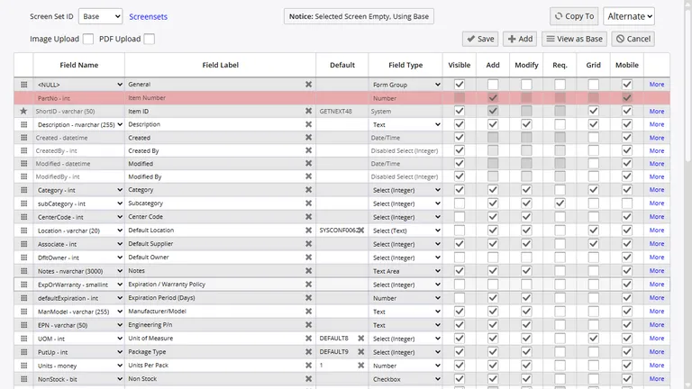 Inventory Pro screen layout customization showing column visibility, sort order, and width controls