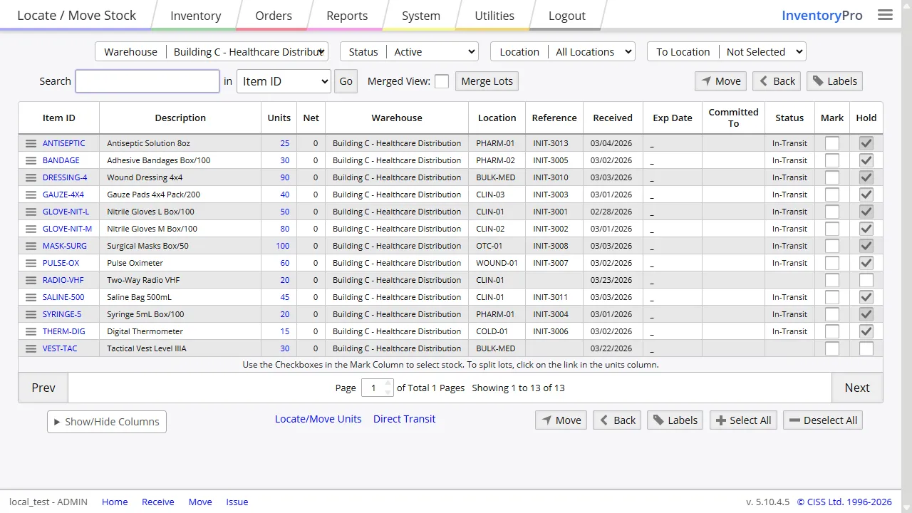 Serial and lot tracking screen with expiration dates and batch assignments