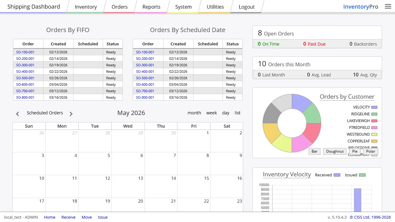 Inventory Pro shipping dashboard — orders by FIFO and scheduled date, scheduling calendar, orders by customer, and inventory velocity