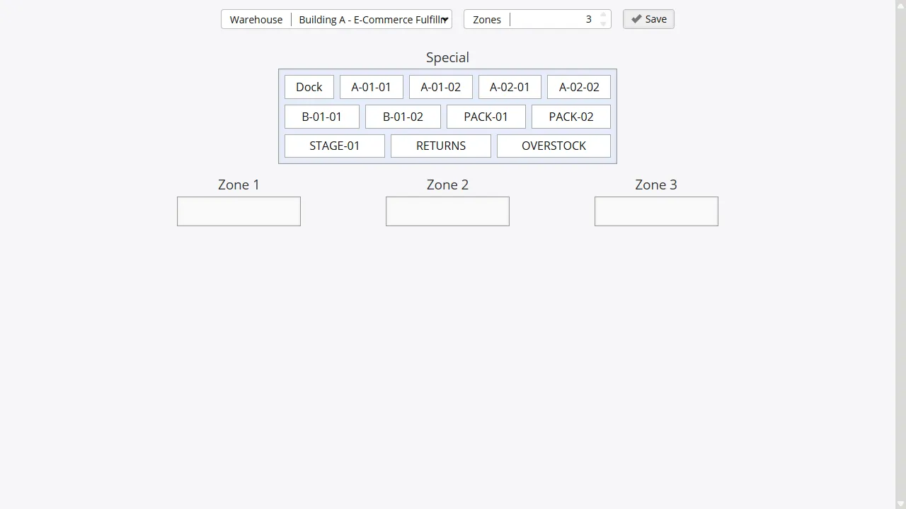Warehouse floor plan map with zones, aisles, and bin locations for pick-path optimization