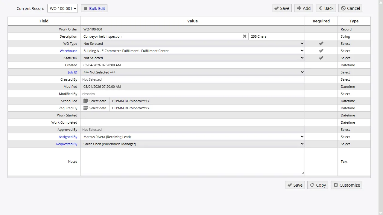 Work order header screen with lifecycle status, BOM reference, and cost summary
