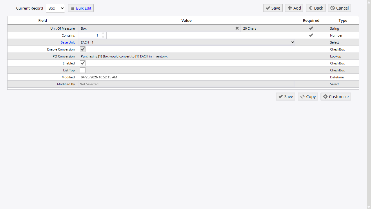 UOM edit screen for Box-4 showing base unit conversion to EACH with a contains value of 4